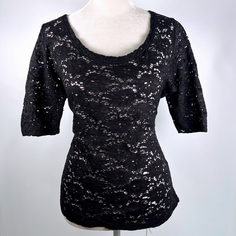 Womens‎ Y2K Black Floral Lace Scoop Neck Elbow Sleeve Sheer Top Blouse Large